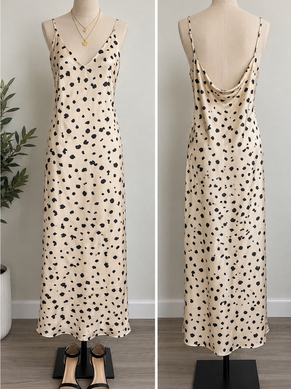 LE LIS Collection Cream Black Spotted Satin Maxi Slip Dress S